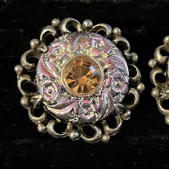 Vintage Judy Lee Round Silvertone Floral Orange Glass Stone Clip On Earrings - Picture 2 of 5